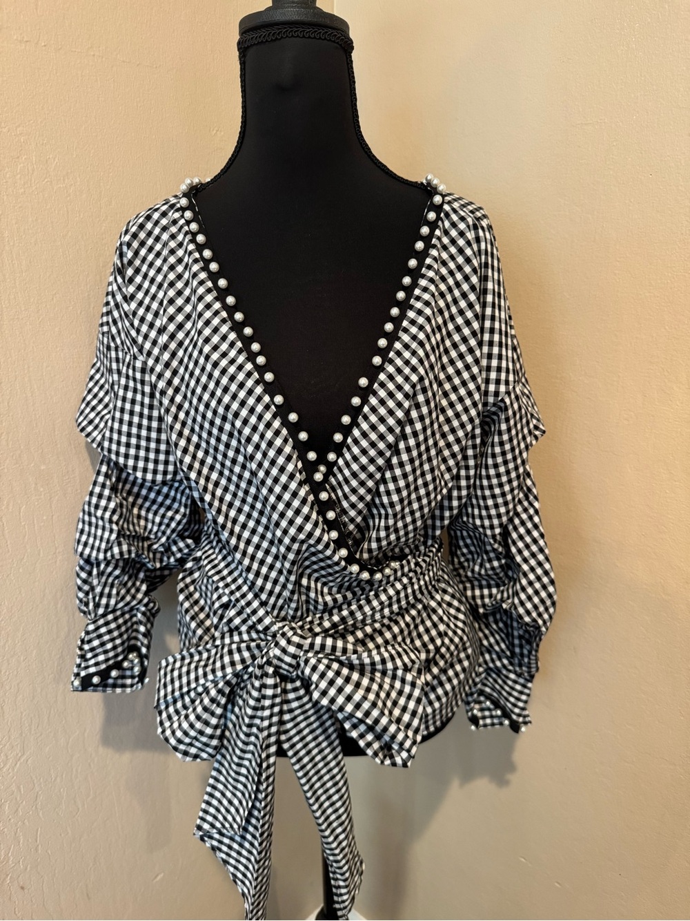 Classic Zara Black/White Gingham Wrap Blouse with Pearl Trim and Ruched Sleeves